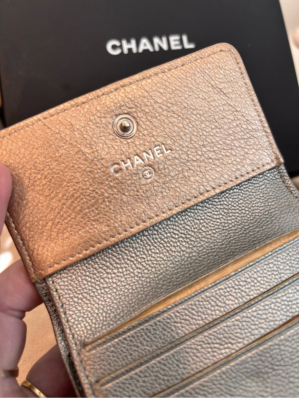 CHANEL Metallic Calfskin Bicolor Diamond Stitch Trifold Compact Wallet - Picture 11 of 16